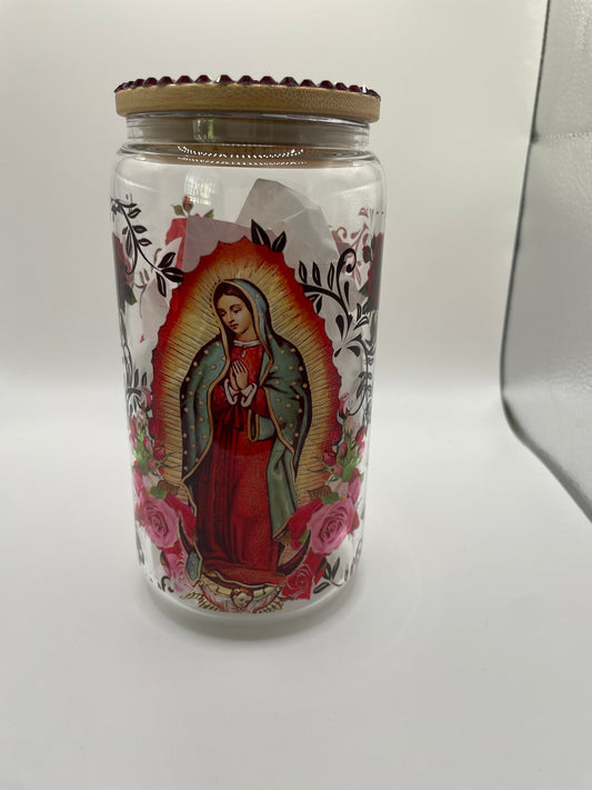 16.0oz Virgencita de Guadalupe Glass with Gold and Red rhinestone bamboo lid