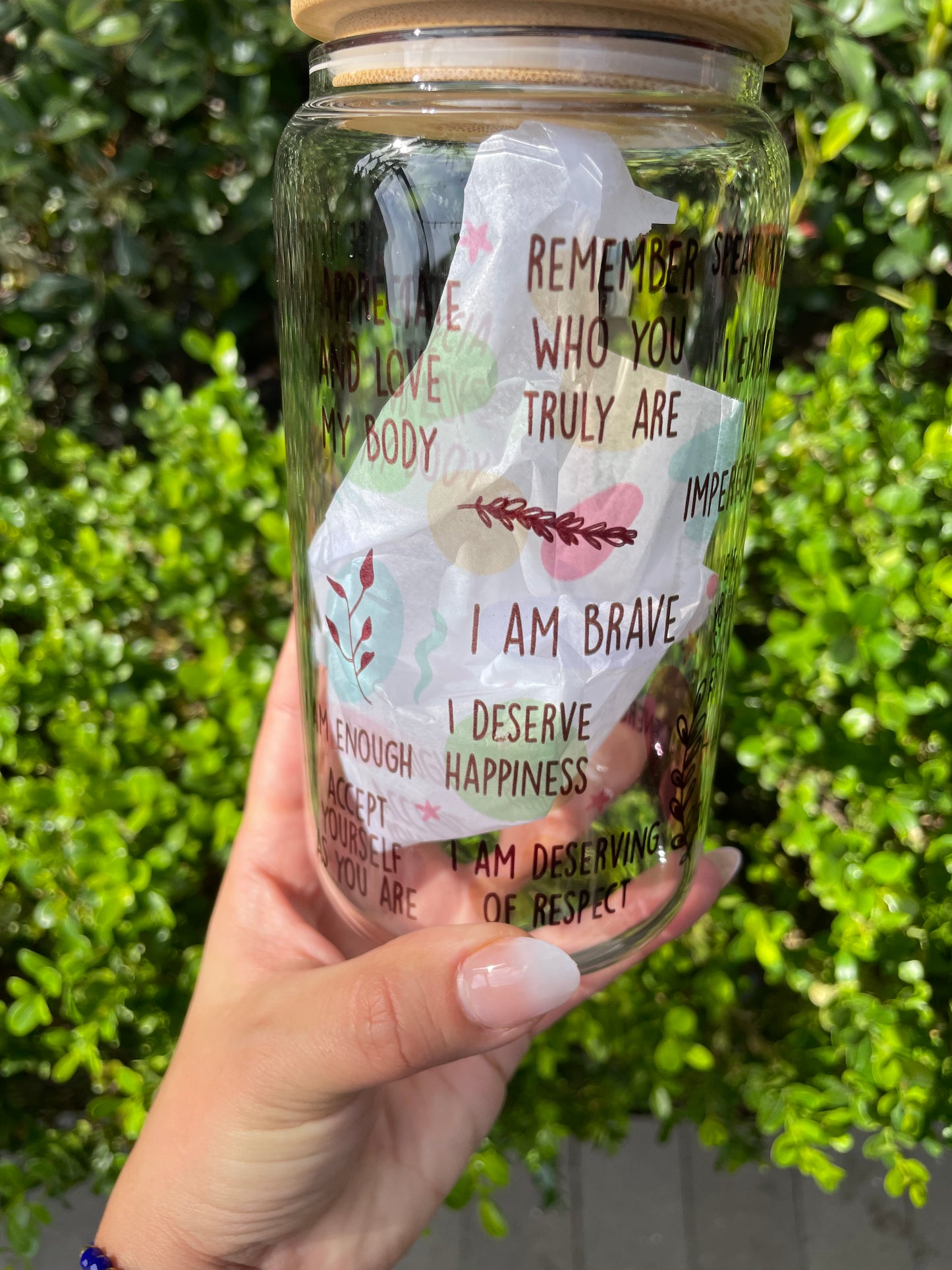 16.0 oz Self-love with daily affirmations drinking glass bamboo lid included with real flowers