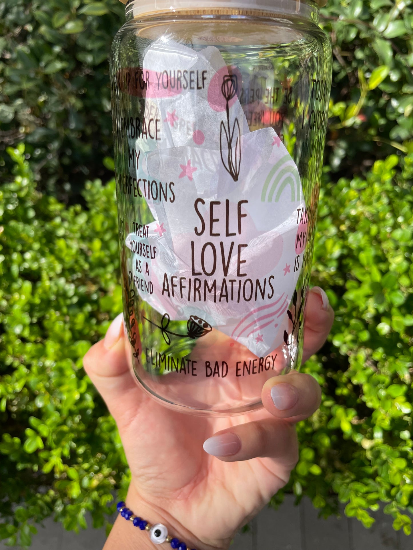 16.0 oz Self-love with daily affirmations drinking glass bamboo lid included with real flowers