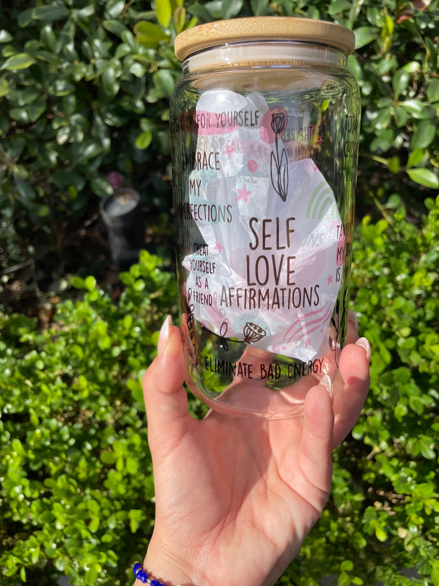 16.0 oz Self-love with daily affirmations drinking glass bamboo lid included with real flowers