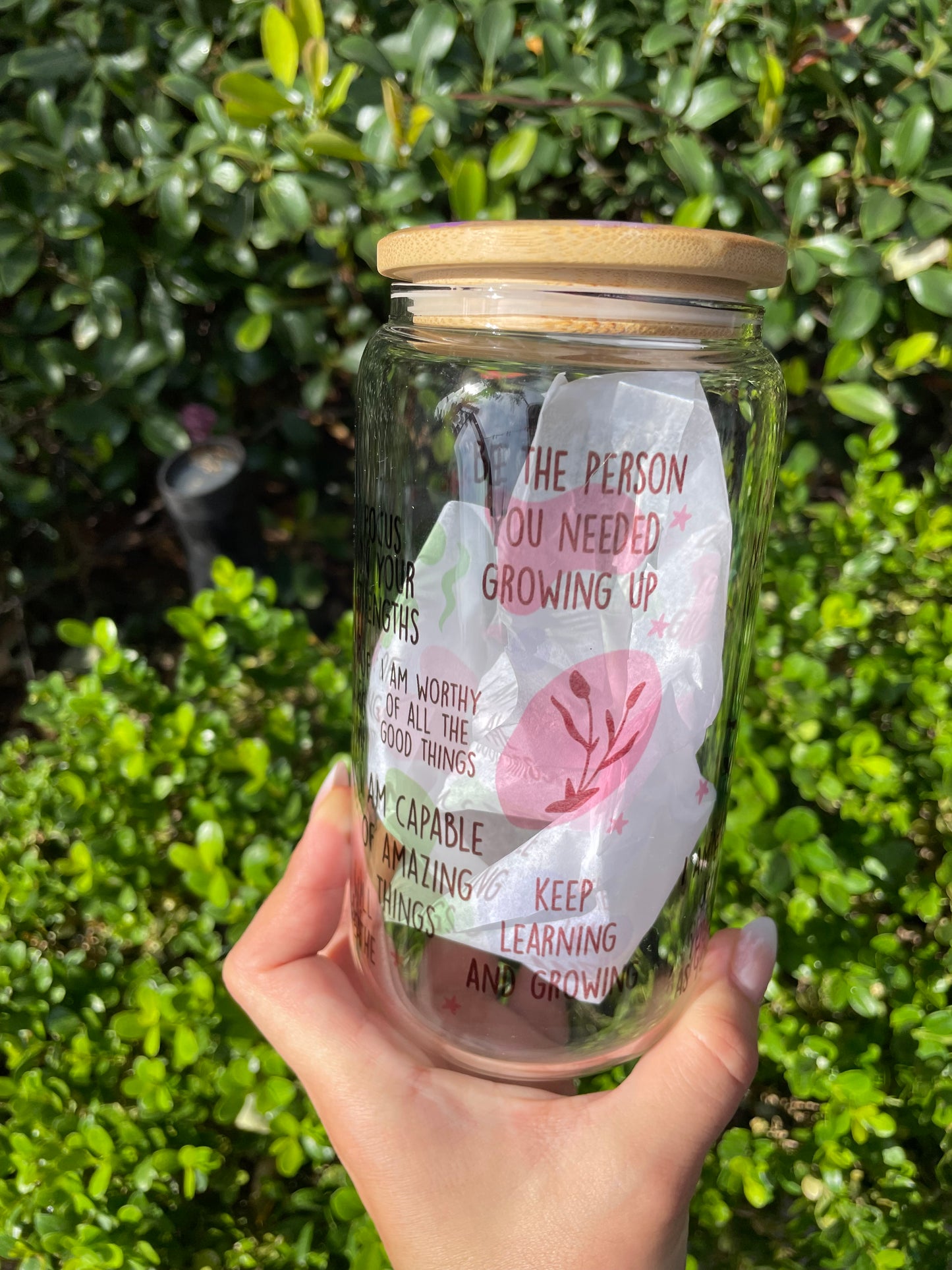 16.0 oz Self-love with daily affirmations drinking glass bamboo lid included with real flowers