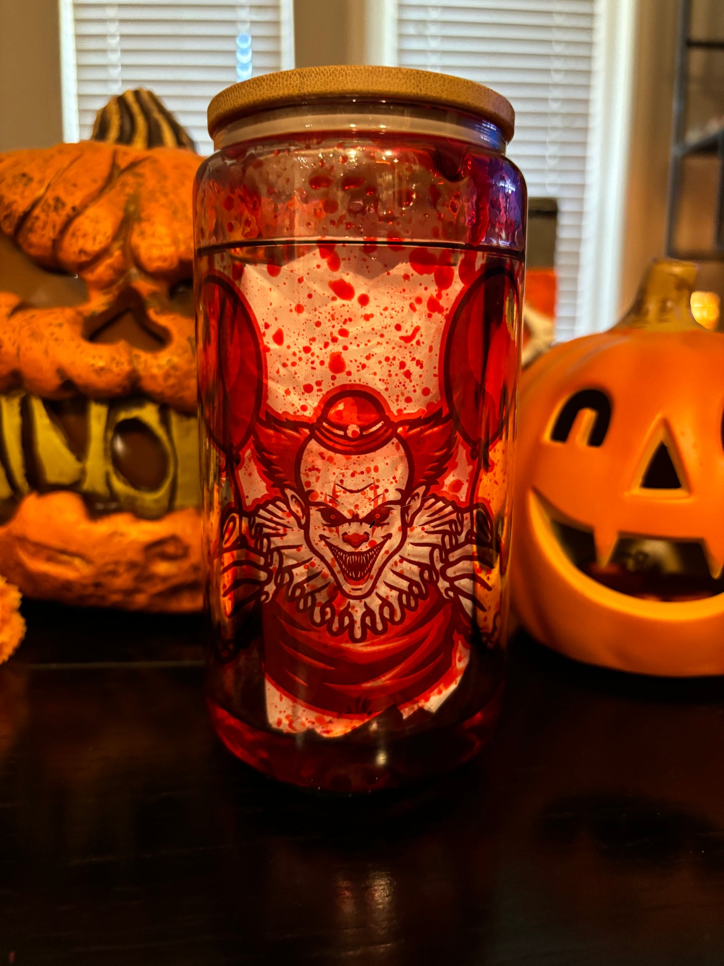 16.0oz Fake Blood Drinking Glass (Clown and Bloody hands)