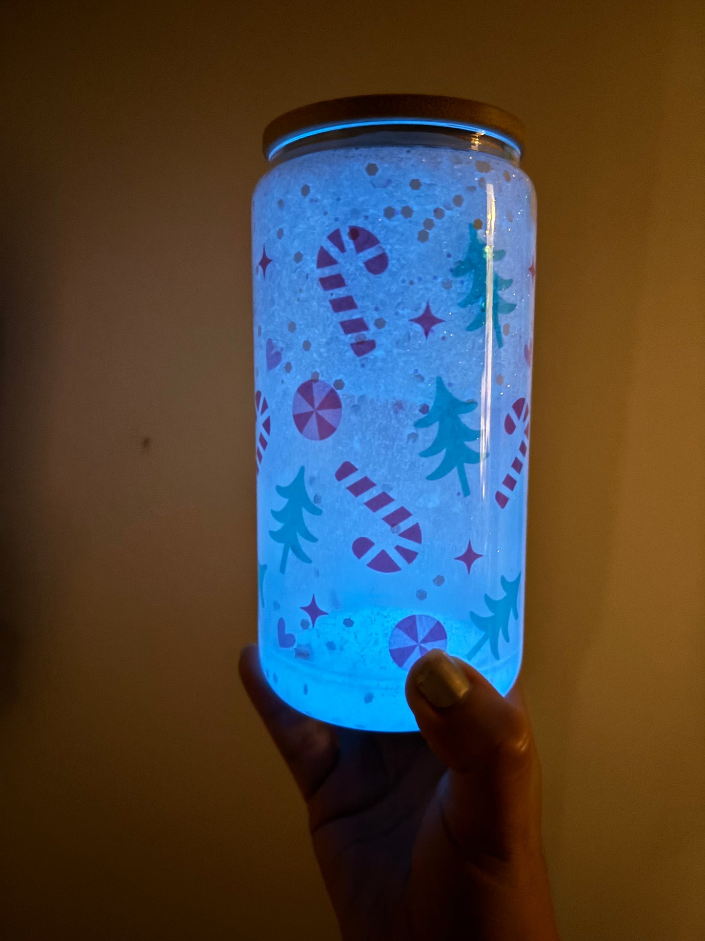 16oz Glow in the dark candy cane drinking glass