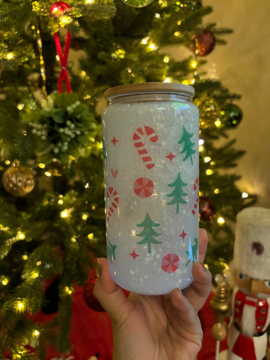 16oz Glow in the dark candy cane drinking glass