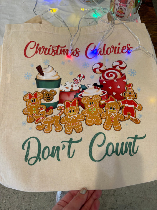 100% Cotton Canvas tote bag Christmas Calories don't count